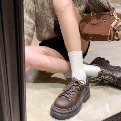 經典英倫風系帶圓頭百搭單鞋低跟德比小皮鞋女