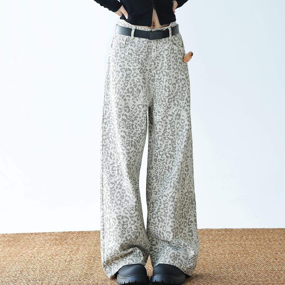 美式復古豹紋牛仔褲女小個子梨型身材褲子直筒寬鬆闊腿褲