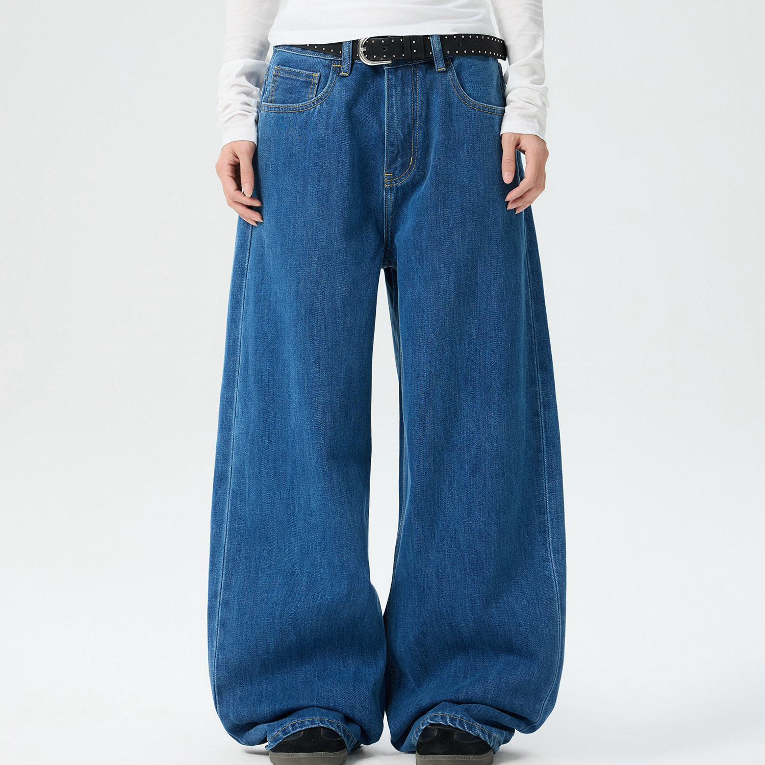 美式復古街頭水洗深藍色牛仔褲女寬鬆直筒百搭闊腿褲子