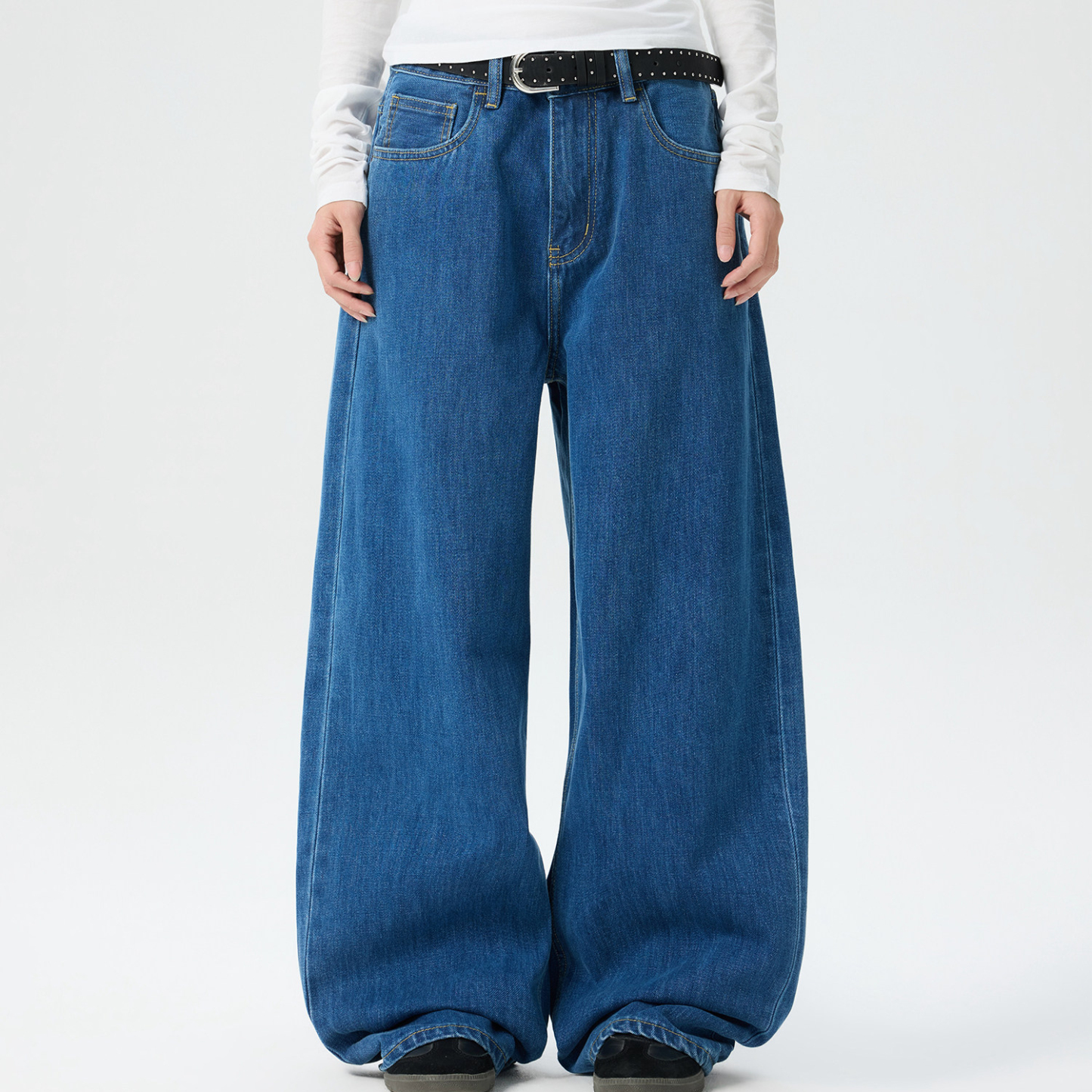 美式復古街頭水洗深藍色牛仔褲女寬鬆直筒百搭闊腿褲子