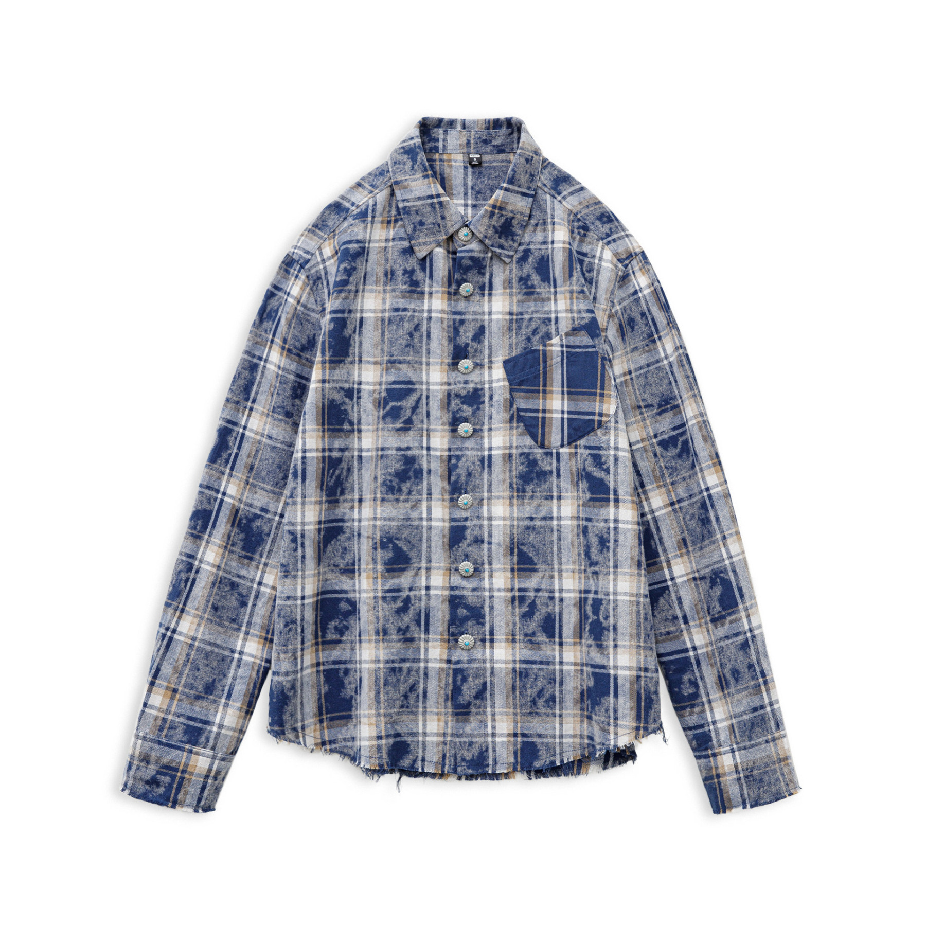 美式復古藏青色格子紋翻領寬鬆磨毛長袖休閒襯衫上衣外套女秋