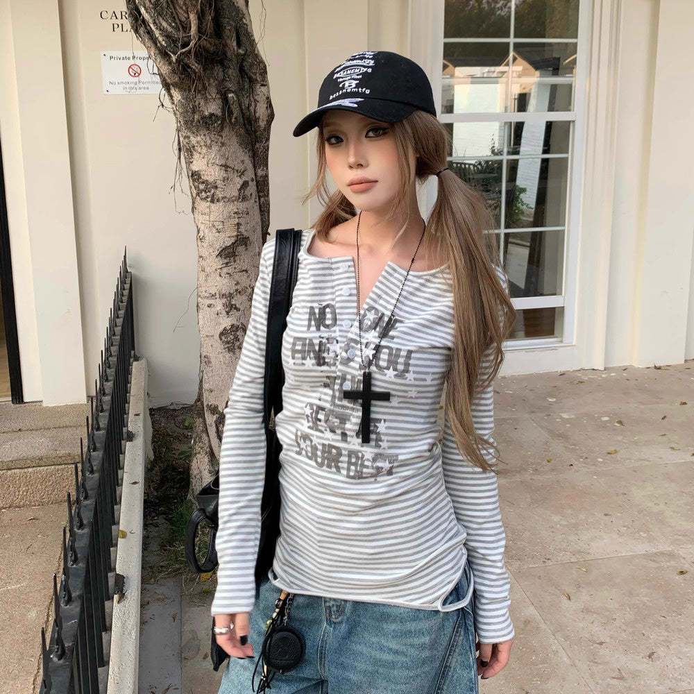 美式設計感吊帶長袖正反兩穿春夏季辣妹T恤打底衫女條紋