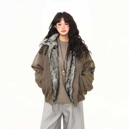 毛領座山雕棉服外套女美式潮牌高級感加厚冬季棉衣新款