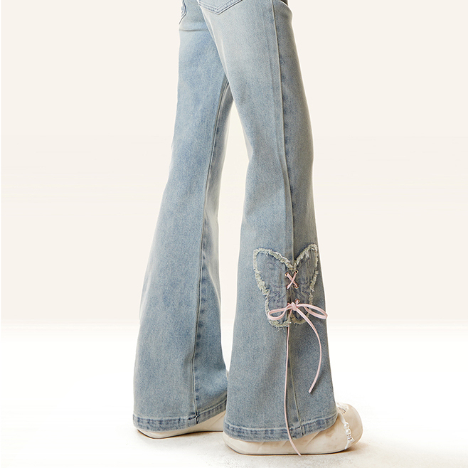 淺色顯瘦蝴蝶微喇叭牛仔褲女2025夏季新款小個子設計感褲子