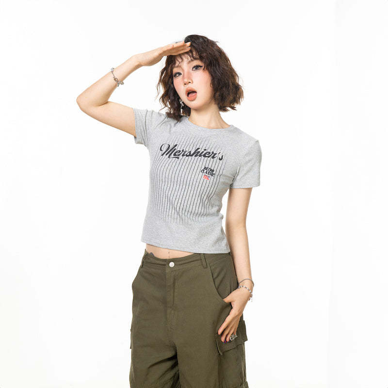 美式復古條紋字母印花正肩短袖t恤女新款夏季辣妹修身上衣