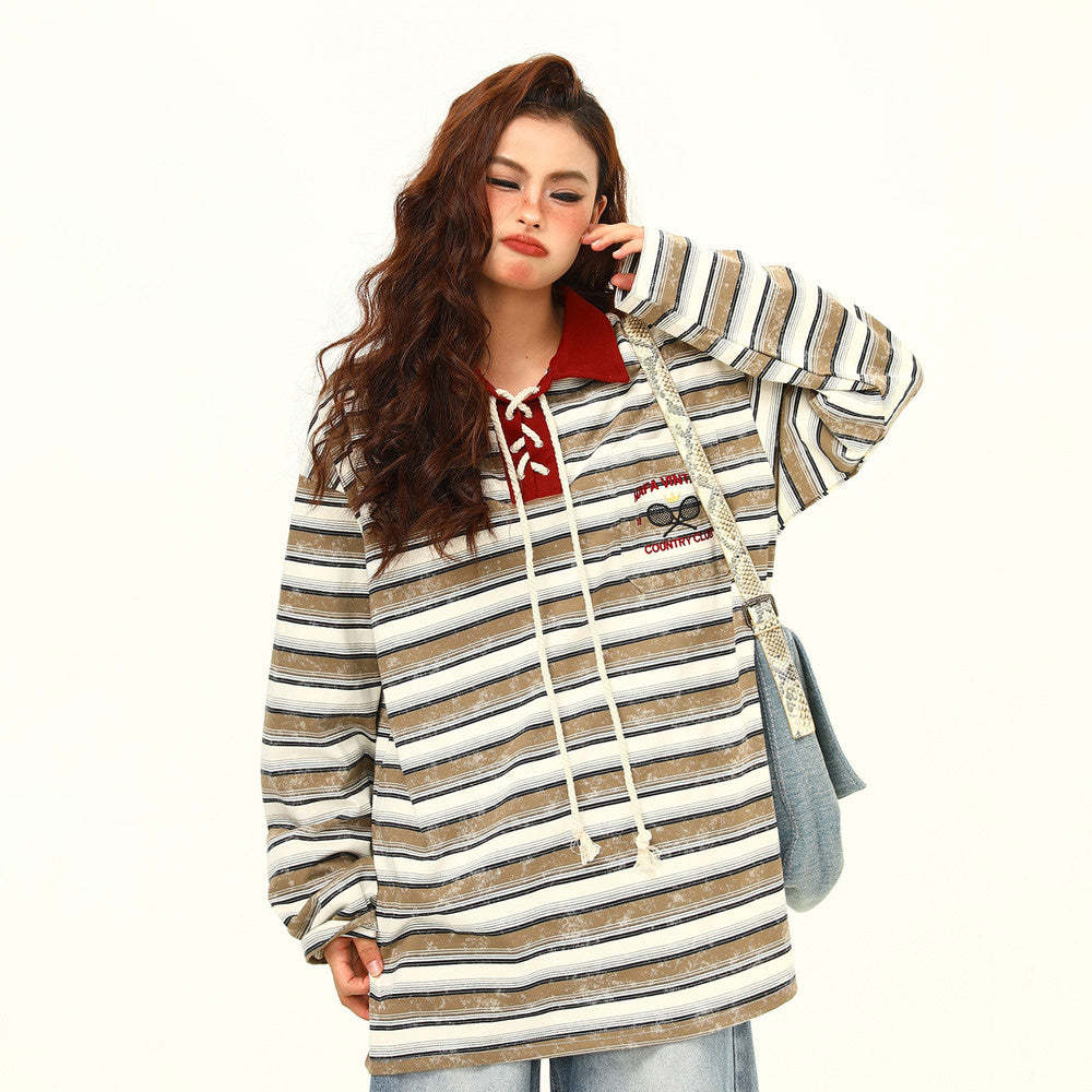 秋季新款美式復古條紋長袖T恤女撞色氛圍感休閒上衣