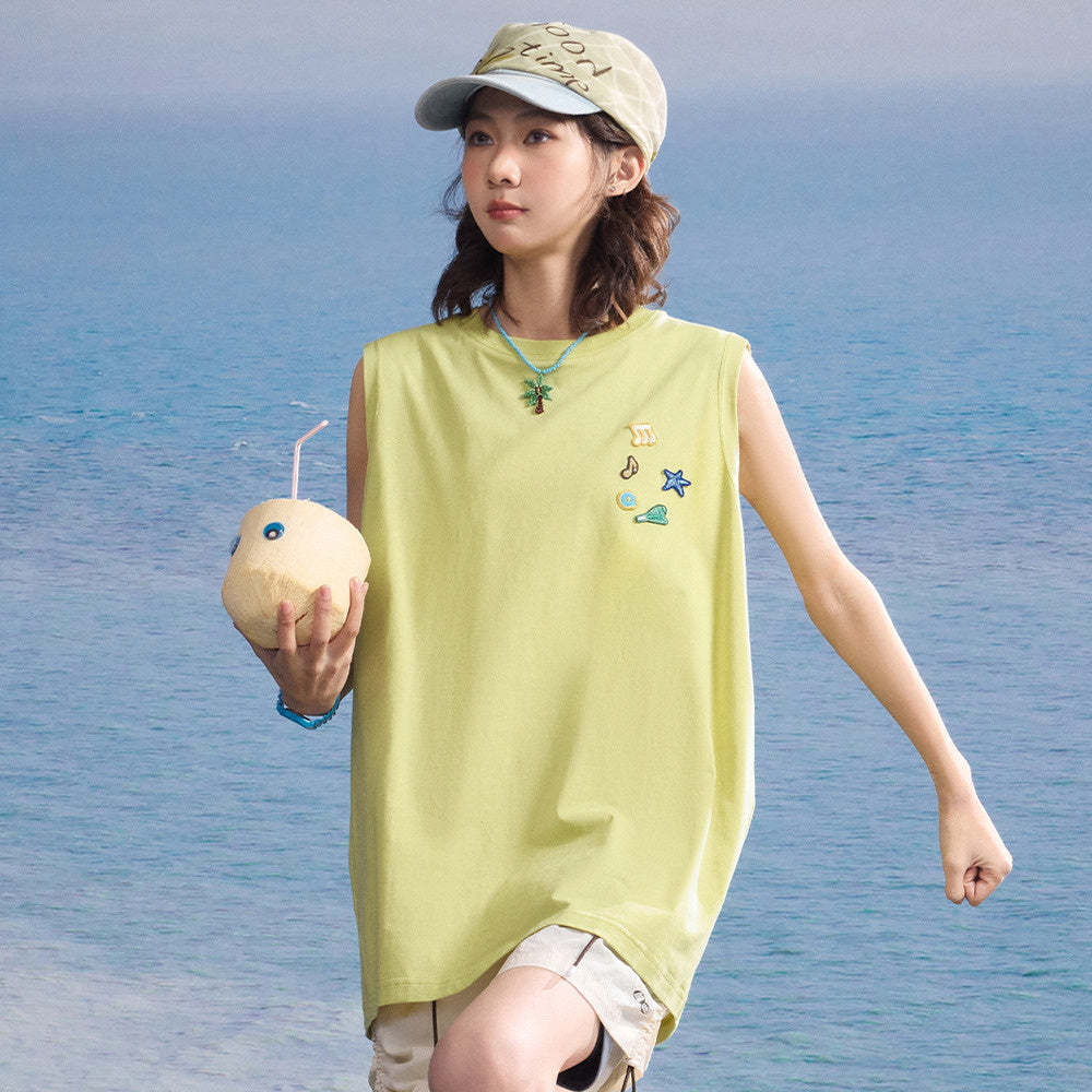 日系寬鬆無袖繡章裝潢雙紗面料原創純棉休閒背心女夏