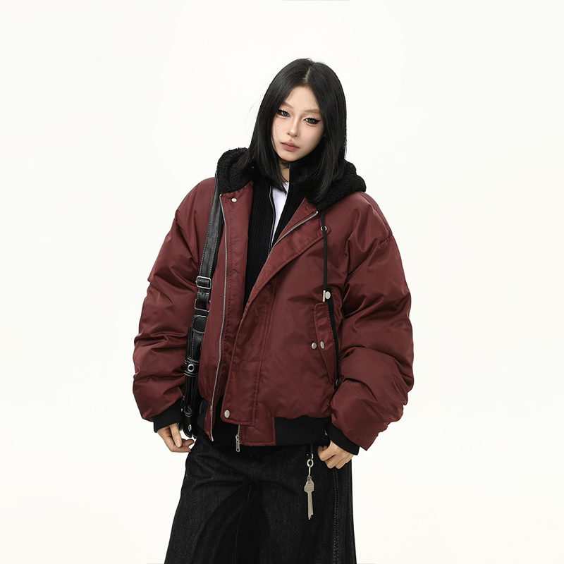 冬季加厚飛行員連帽棉服外套女美式復古寬鬆百搭棉衣