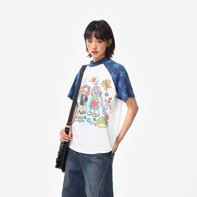 美式復古卡通少女星星插肩正肩短袖T恤女夏季百搭修身短t