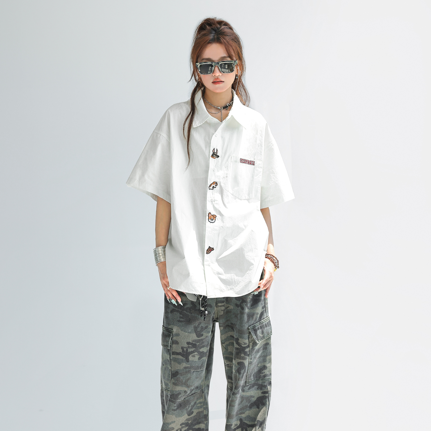 可愛小狗刺繡短袖襯衫女夏季輕薄防曬襯衣外搭開衫