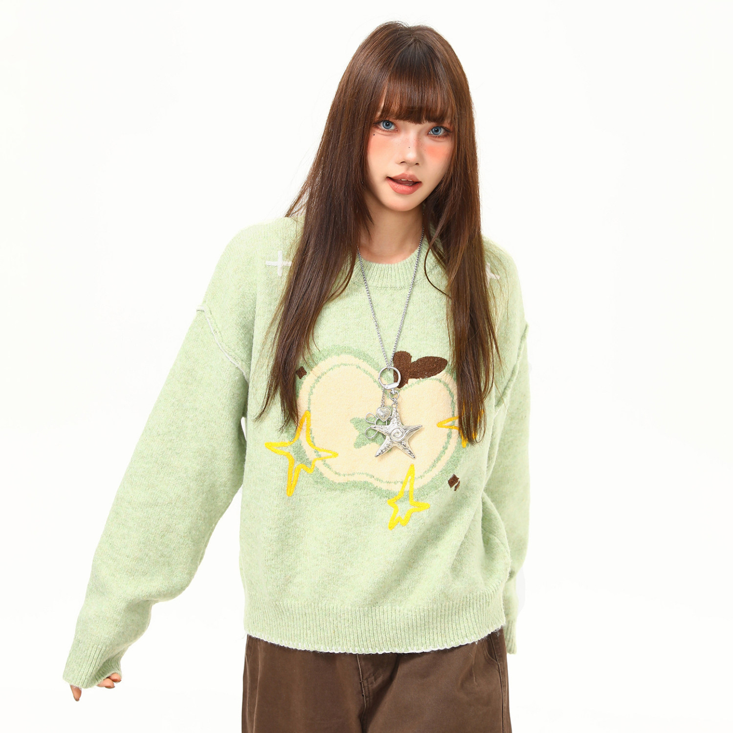 蘋果提花圓領毛衣女秋冬新款慵懶風套頭减齡針織衫上衣