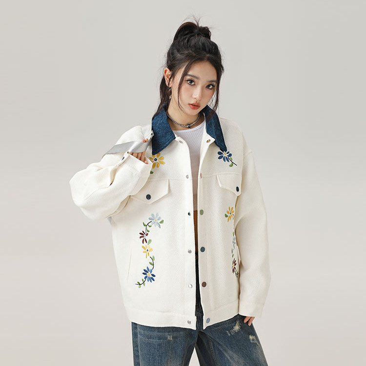 美式復古國潮刺繡夾克外套女工裝巴恩風拼色春秋款棒球服
