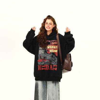 秋冬美式復古小眾印花連帽衛衣女潮牌上衣