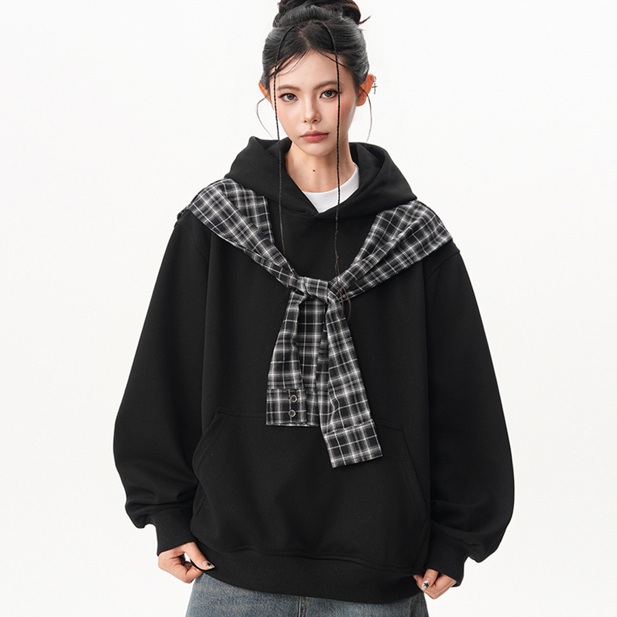 撞色格子披肩假兩件連帽衛衣女秋季小眾設計感慵懶百搭上衣