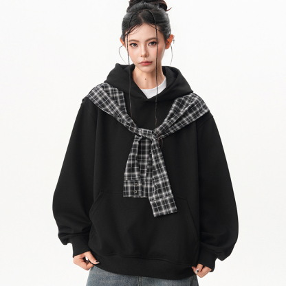 撞色格子披肩假兩件連帽衛衣女秋季小眾設計感慵懶百搭上衣