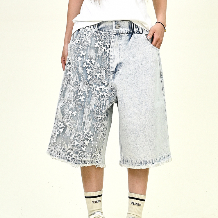蕾絲拼接毛邊牛仔褲女2025夏季新款寬鬆bf美式高街七分褲