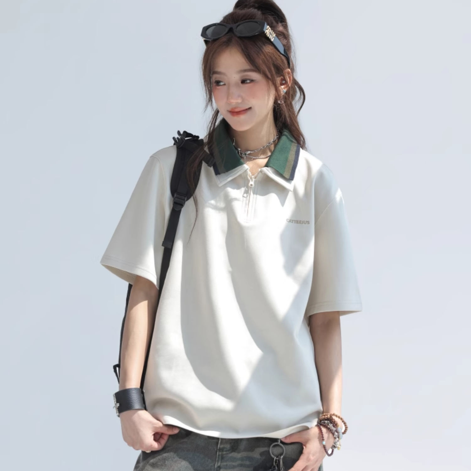 美式復古撞色拼接polo衫短袖t恤女2025新款寬鬆上衣