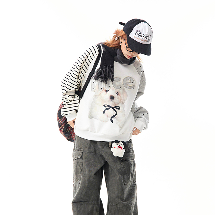 美式小狗印花拼接加絨衛衣女秋冬休閒百搭加厚圓領套頭上衣
