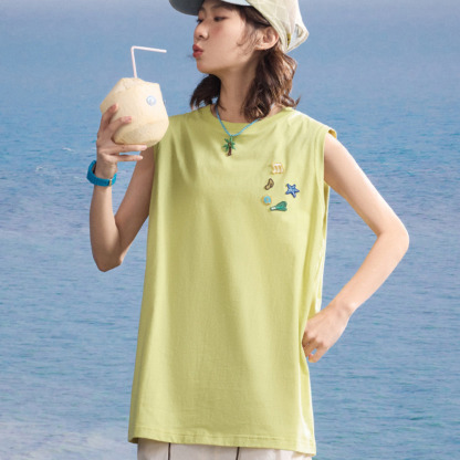 日系寬鬆無袖繡章裝潢雙紗面料原創純棉休閒背心女夏