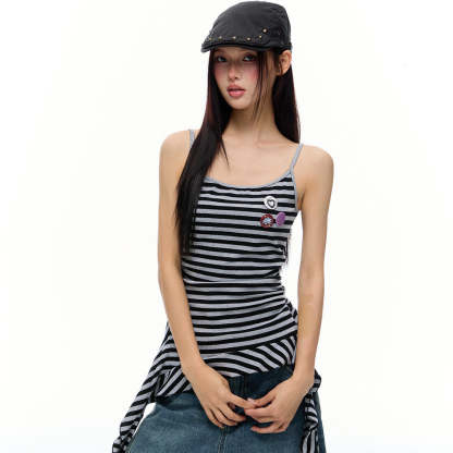 美式復古黑色流蘇飄帶條紋吊帶背心夏季新款辣妹修身顯瘦上衣