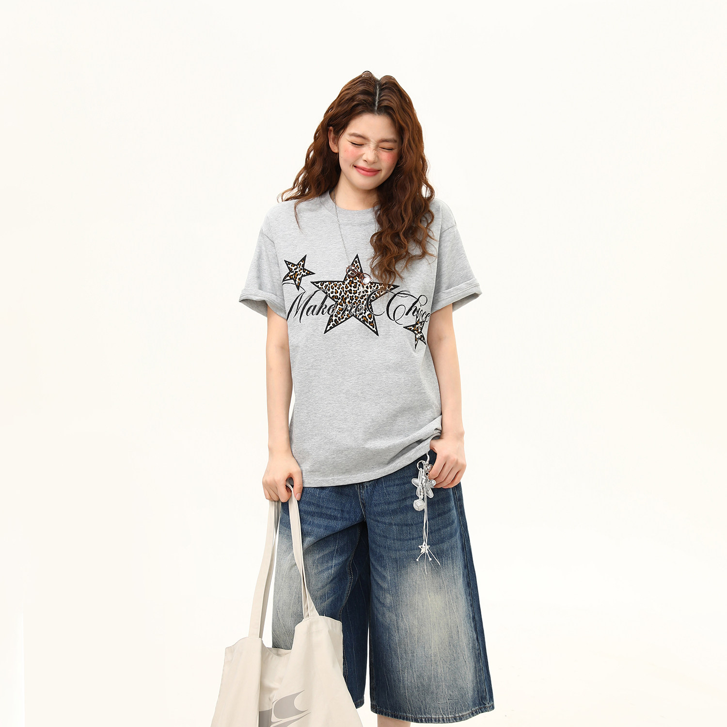 美式復古星星豹紋刺繡圓領短袖T恤女夏季寬鬆百搭tee