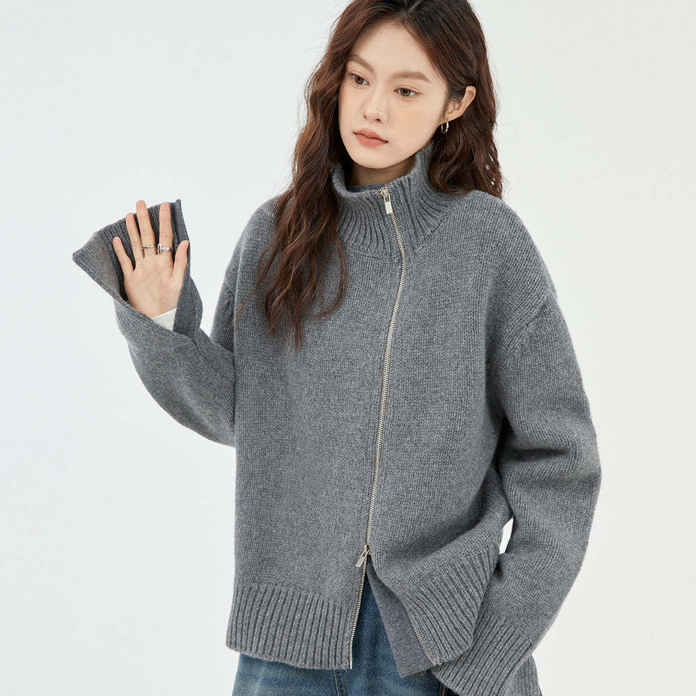 高級感通勤慵懶加厚針織毛衣開衫女高領灰色寬鬆套頭上衣