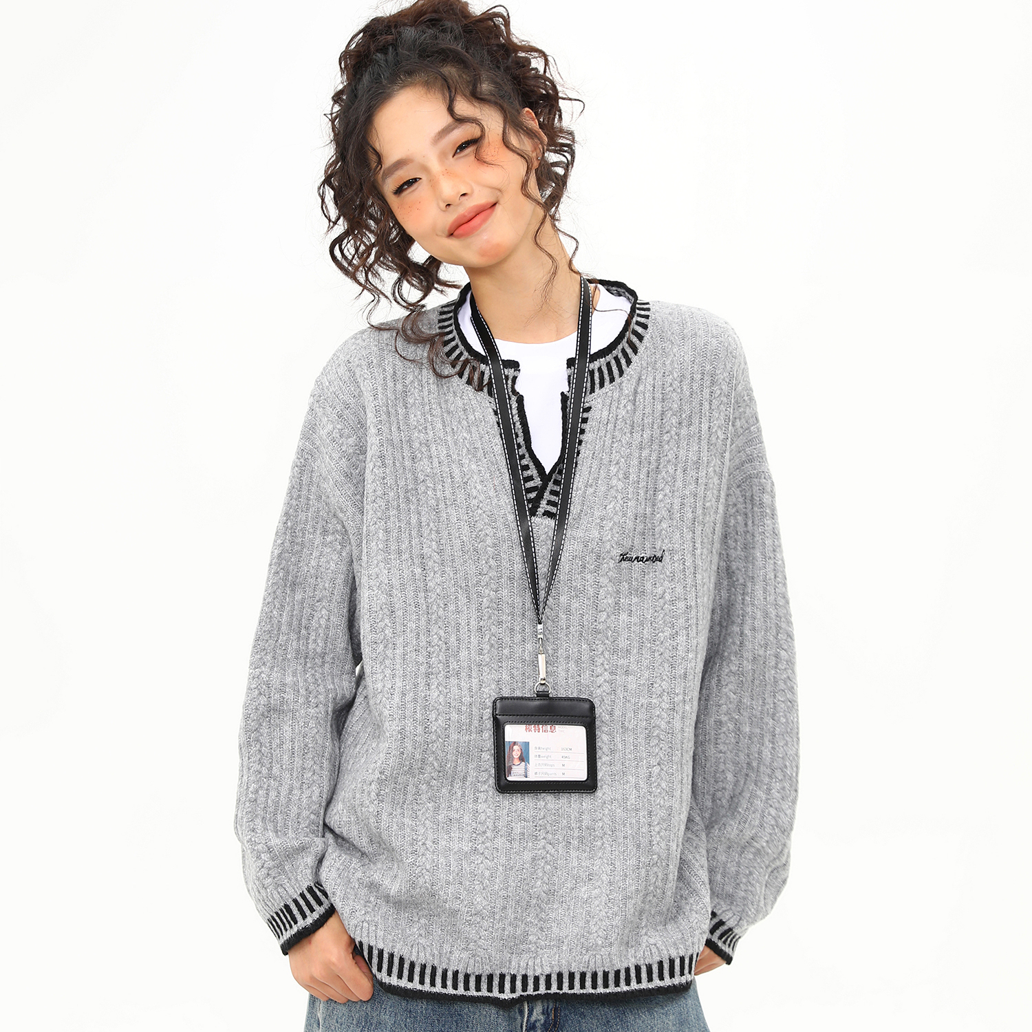 美式復古撞色縫線灰色針織衫毛衣女寬鬆中性慵懶風上衣