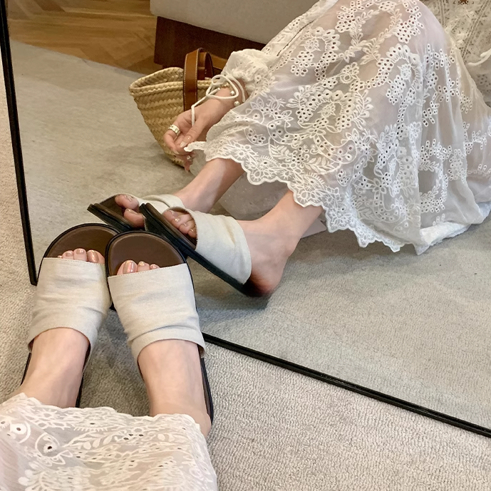 曼谷拖度假風沙灘亞麻褶皺平底涼拖女拖鞋外穿夏