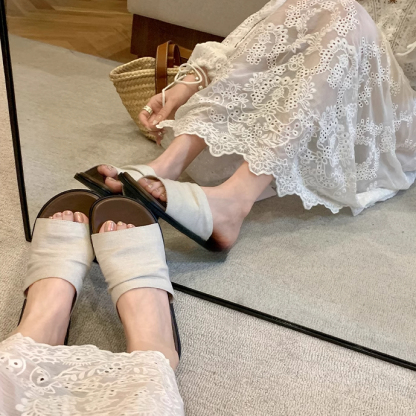 曼谷拖度假風沙灘亞麻褶皺平底涼拖女拖鞋外穿夏