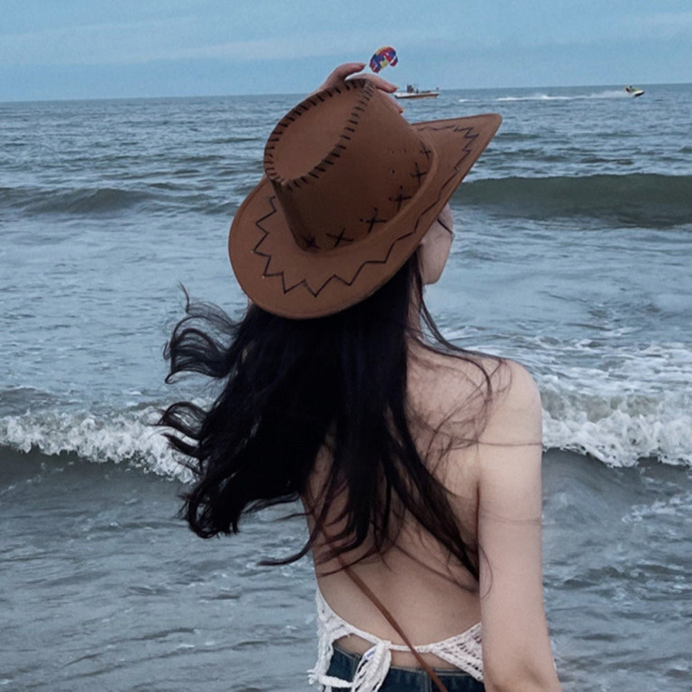 西部牛仔帽女抽繩戶外登山漁夫帽女夏季旅遊度假大簷防曬太陽帽