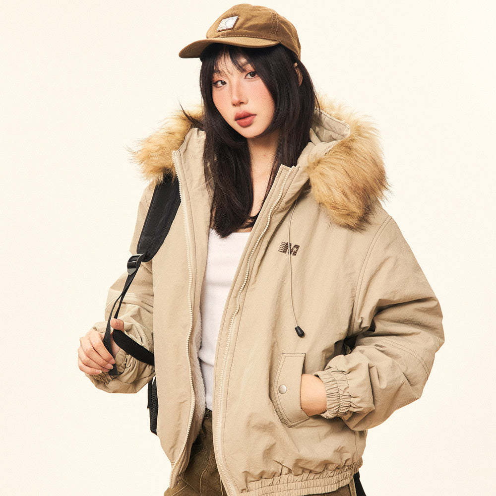 美式復古毛領連帽棉服女冬季加厚小個子短款棉衣派克服外套