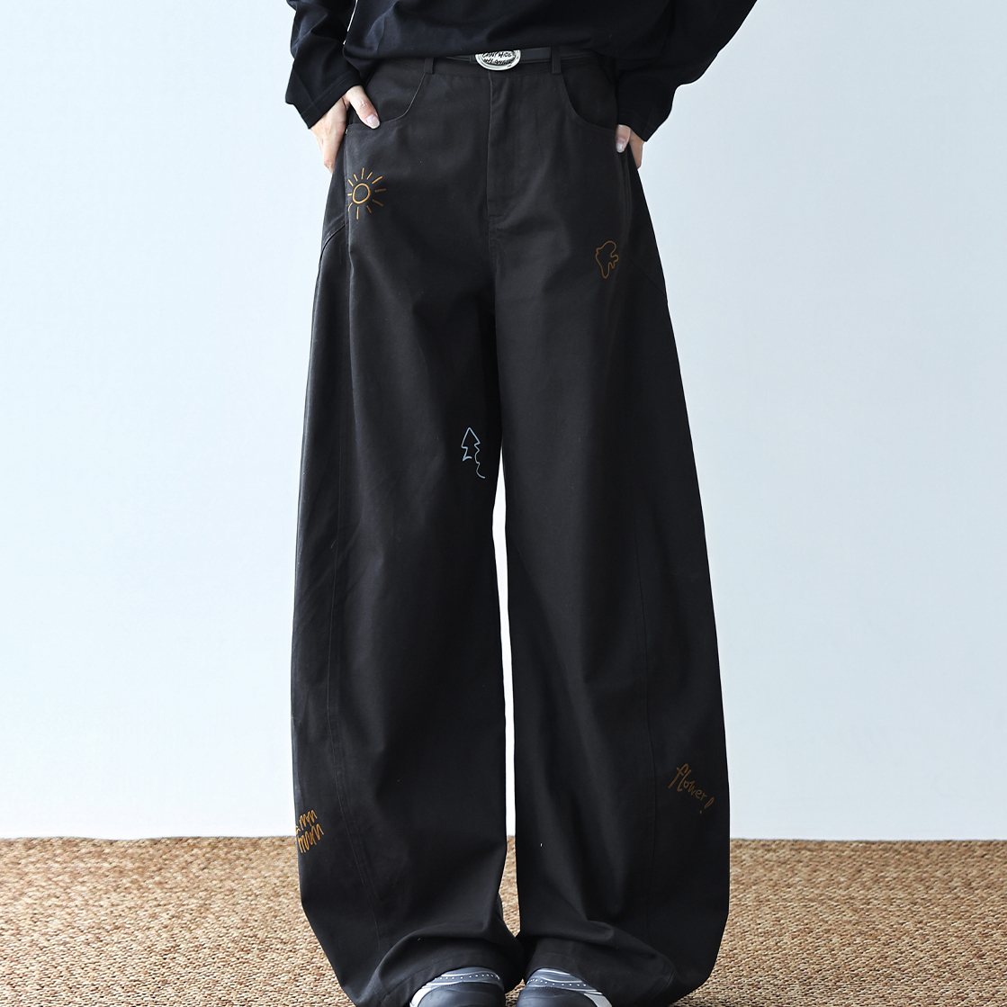 卡通印花闊腿褲女2025新款純棉水洗彎刀褲寬鬆休閒褲