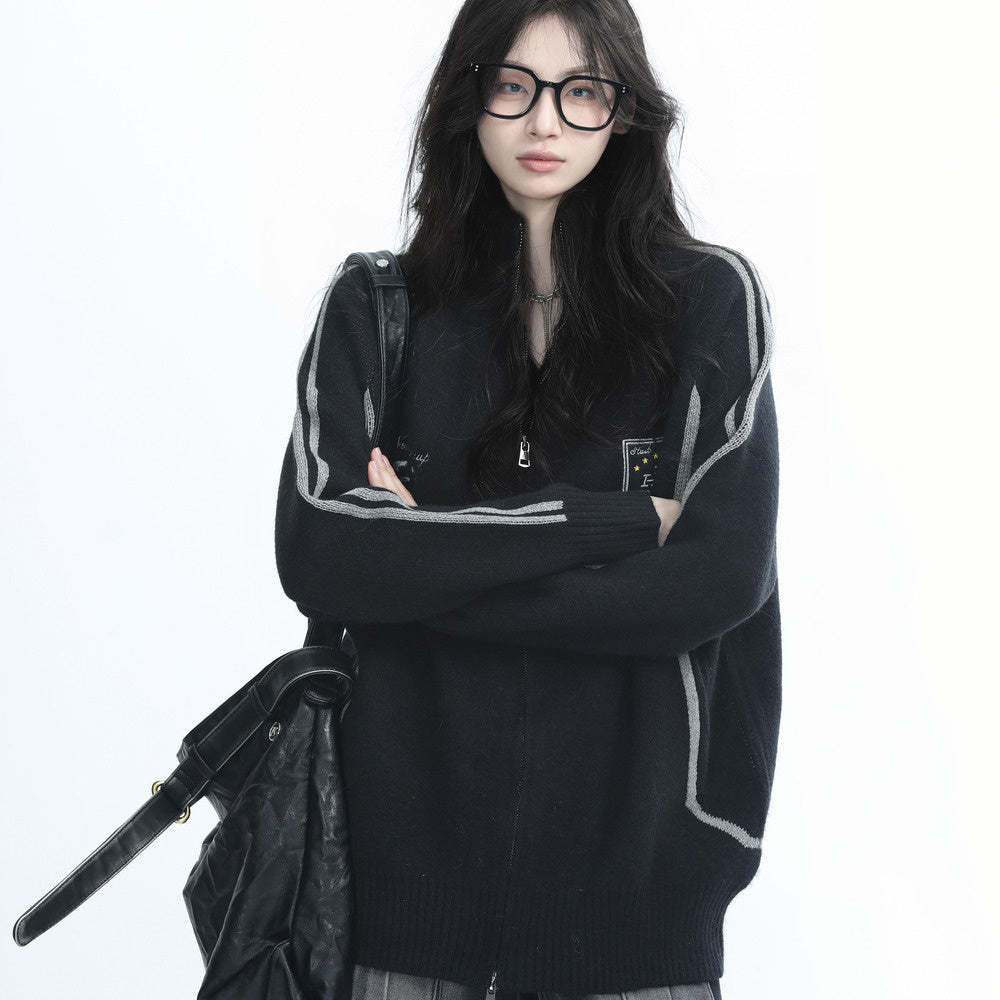 美式復古街頭黑色針織開衫外套女秋冬季寬鬆潮牌毛衣