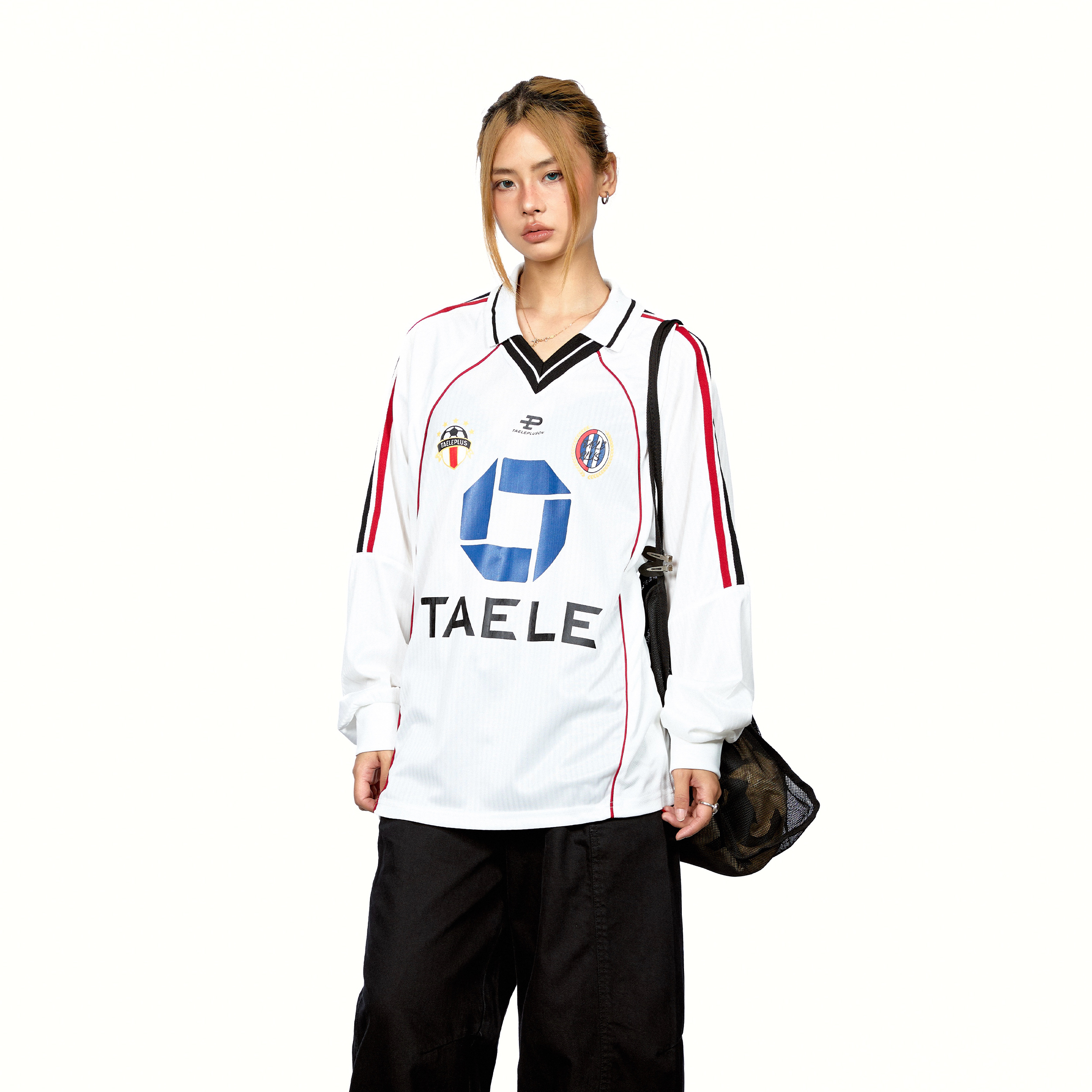 拼接撞色翻領印花長袖T恤女美式創意設計感寬鬆運動上衣秋