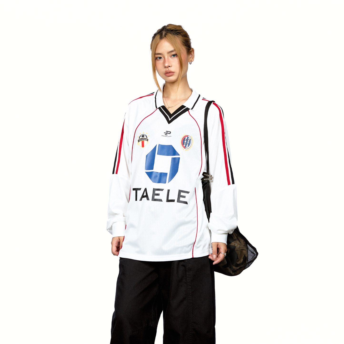 拼接撞色翻領印花長袖T恤女美式創意設計感寬鬆運動上衣秋