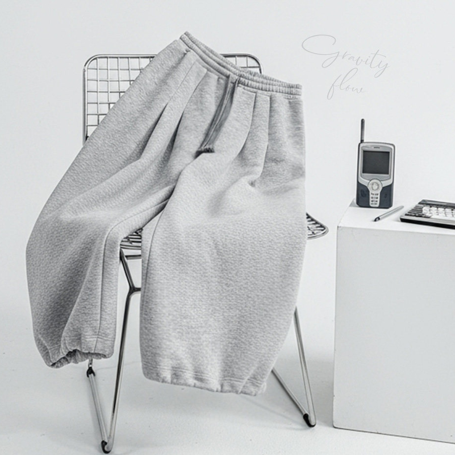 淺灰色闊腿直筒休閒長衛褲鬆緊腰抽繩束脚垂墜感糯米褲子女冬