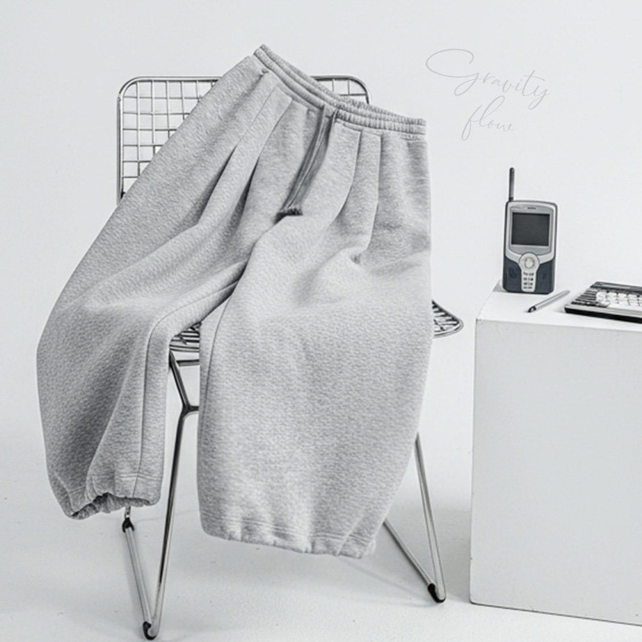 淺灰色闊腿直筒休閒長衛褲鬆緊腰抽繩束脚垂墜感糯米褲子女冬