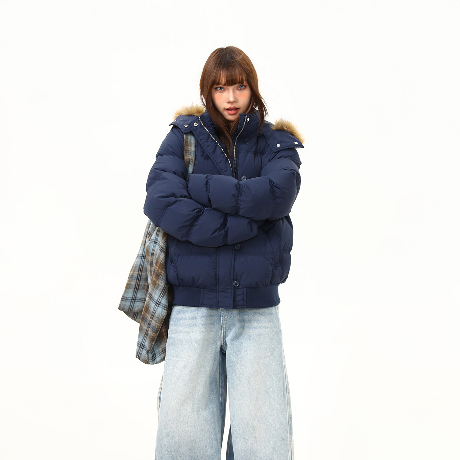 菲奧娜短款藏青色棉服外套女冬季新款加厚保暖棉衣棉襖