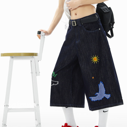 美式趣味刺繡貼布七分褲女2026夏季街頭潮牌寬鬆水洗丹寧牛仔短褲