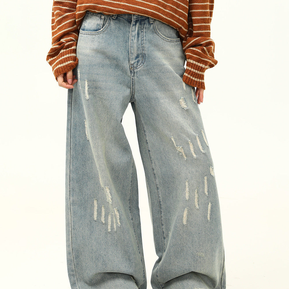美式復古做舊磨破設計感牛仔褲女寬鬆闊腿拖地老爹褲子