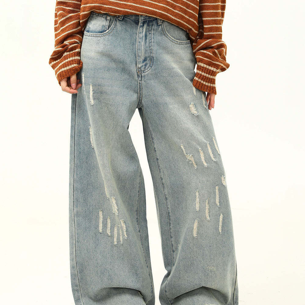 美式復古做舊磨破設計感牛仔褲女寬鬆闊腿拖地老爹褲子