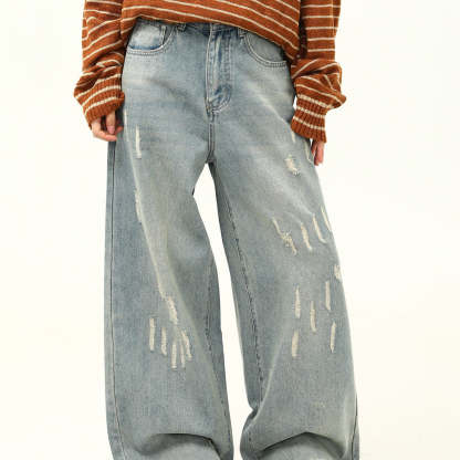 美式復古做舊磨破設計感牛仔褲女寬鬆闊腿拖地老爹褲子