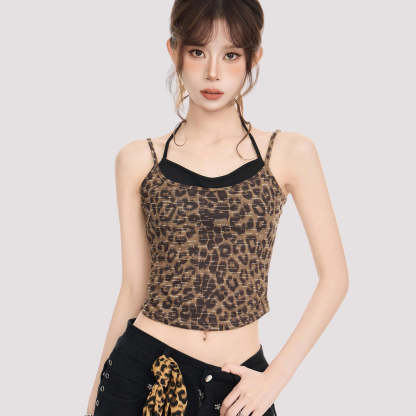 美式復古辣妹豹紋假兩件掛脖吊帶背心女夏季修身內搭無袖短款上衣
