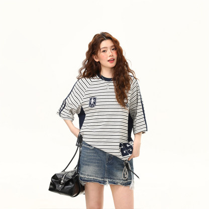 美式復古高級感條紋短袖T恤女夏季學院風寬鬆百搭上衣