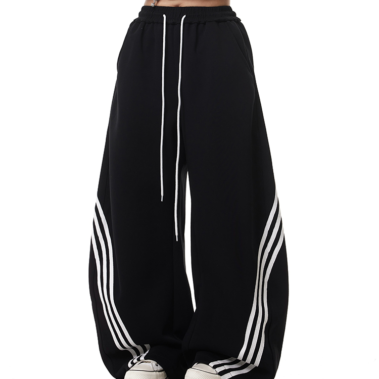 美式復古街頭三條杠闊腿彎刀衛褲加絨寬鬆條紋抽繩爵士舞褲子秋冬