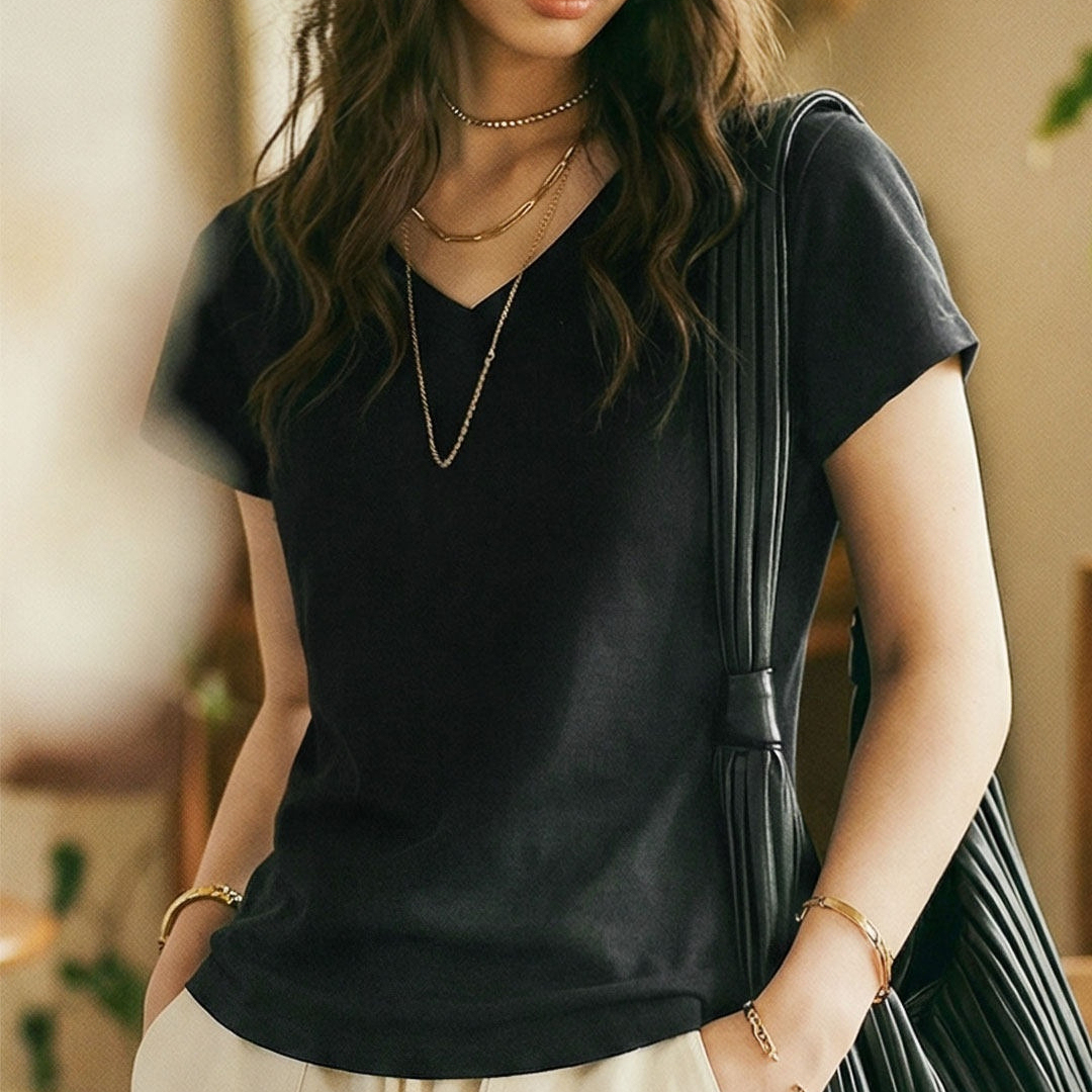 黑白灰純色新疆棉V領正肩短袖T恤修身顯瘦針織內搭天絲上衣女