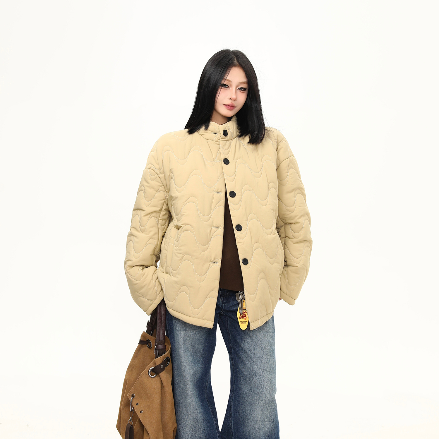 冬季紋理波浪設計感加厚棉服外套女寬鬆潮牌百搭棉衣棉襖