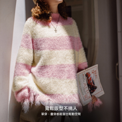 粉白色寬條紋半高領寬鬆破壞奶呼呼軟糯針織套頭毛衣女士秋冬