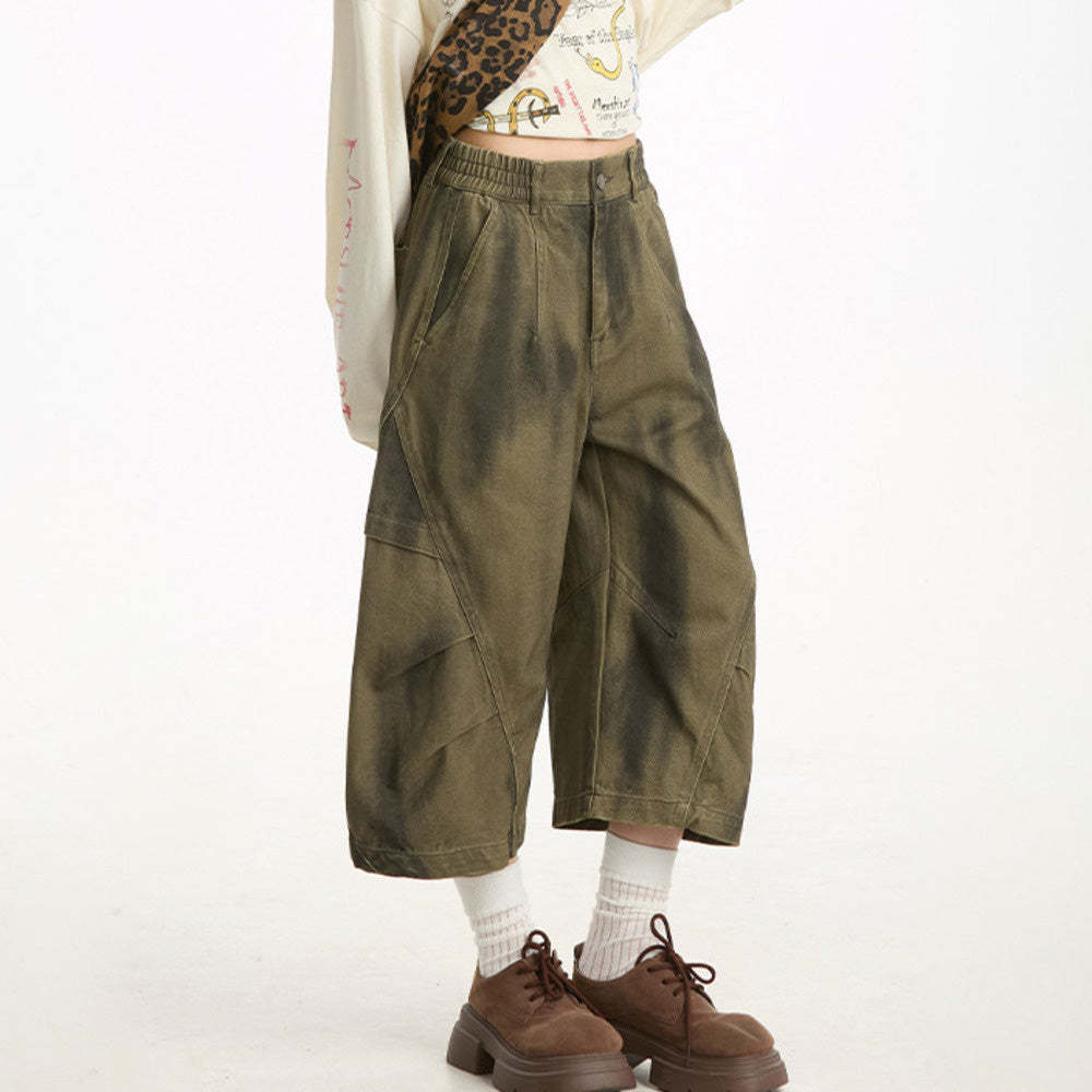 美式復古做舊髒染工裝短褲女夏季寬鬆直筒闊腿褶皺七分褲