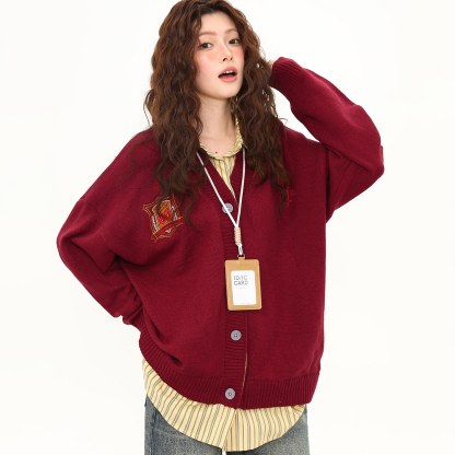 美式假兩件學院風紅色毛衣女開衫慵懶風鬆弛感針織衫外套